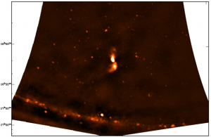  Image of the Centaurus A (Cen A) field obtained from PAPER data. The Cen A radio galaxy dominates the centre, while the Galactic plane crosses the lower half of the image.