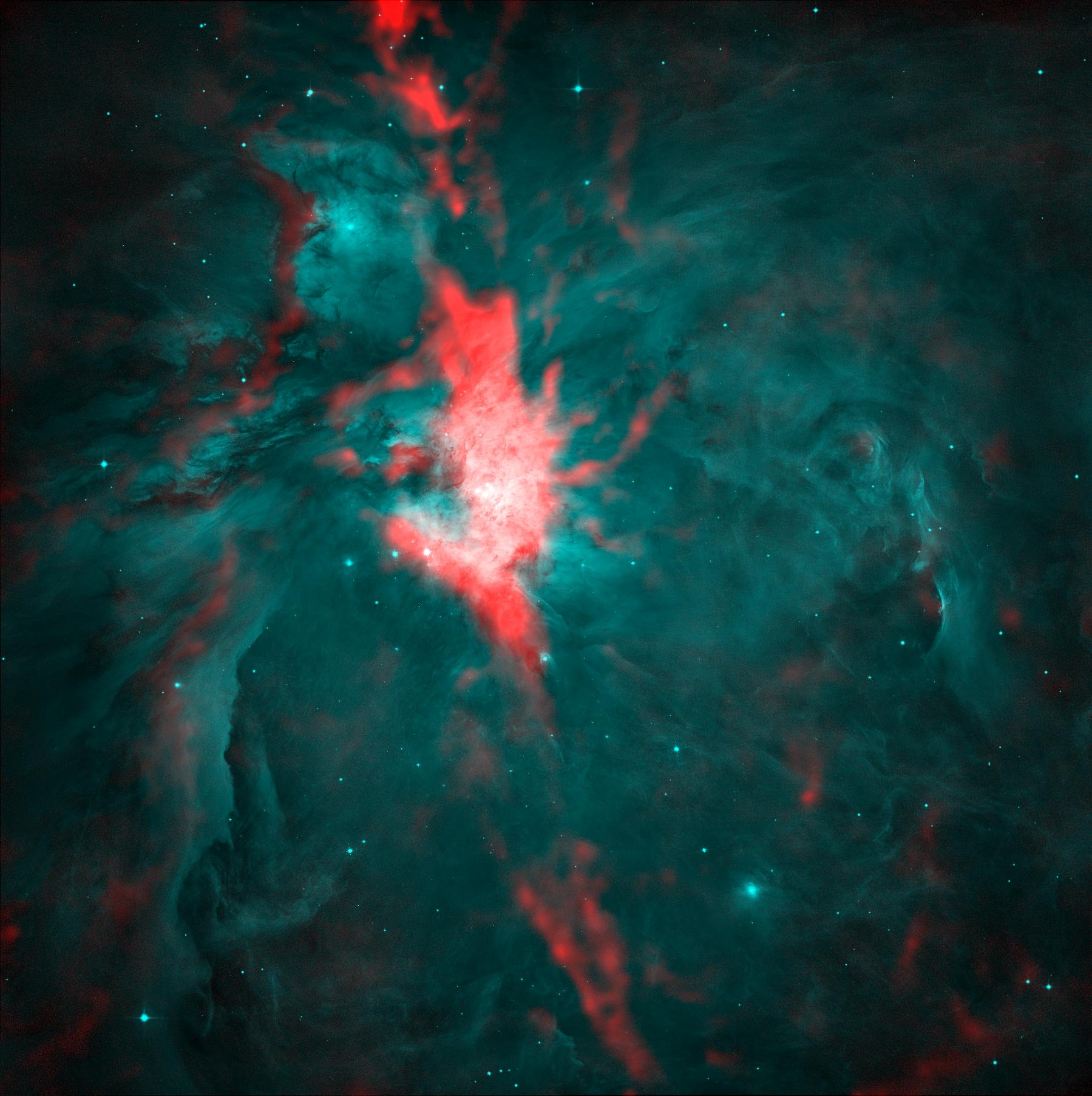 Orion A molecular cloud, with SCUBA-2 850 micron showing dust lanes blocking optical light observed with HST.