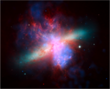 The starburst galaxy M82, which expels dust and metal enriched gas out of its disk