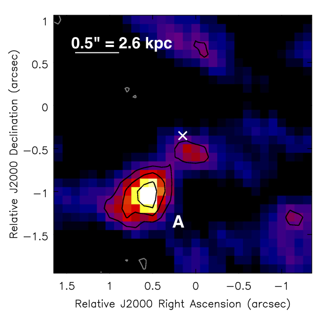 map of [CII] emission with white cross indicating location of primary galaxy (from Y-band images) 